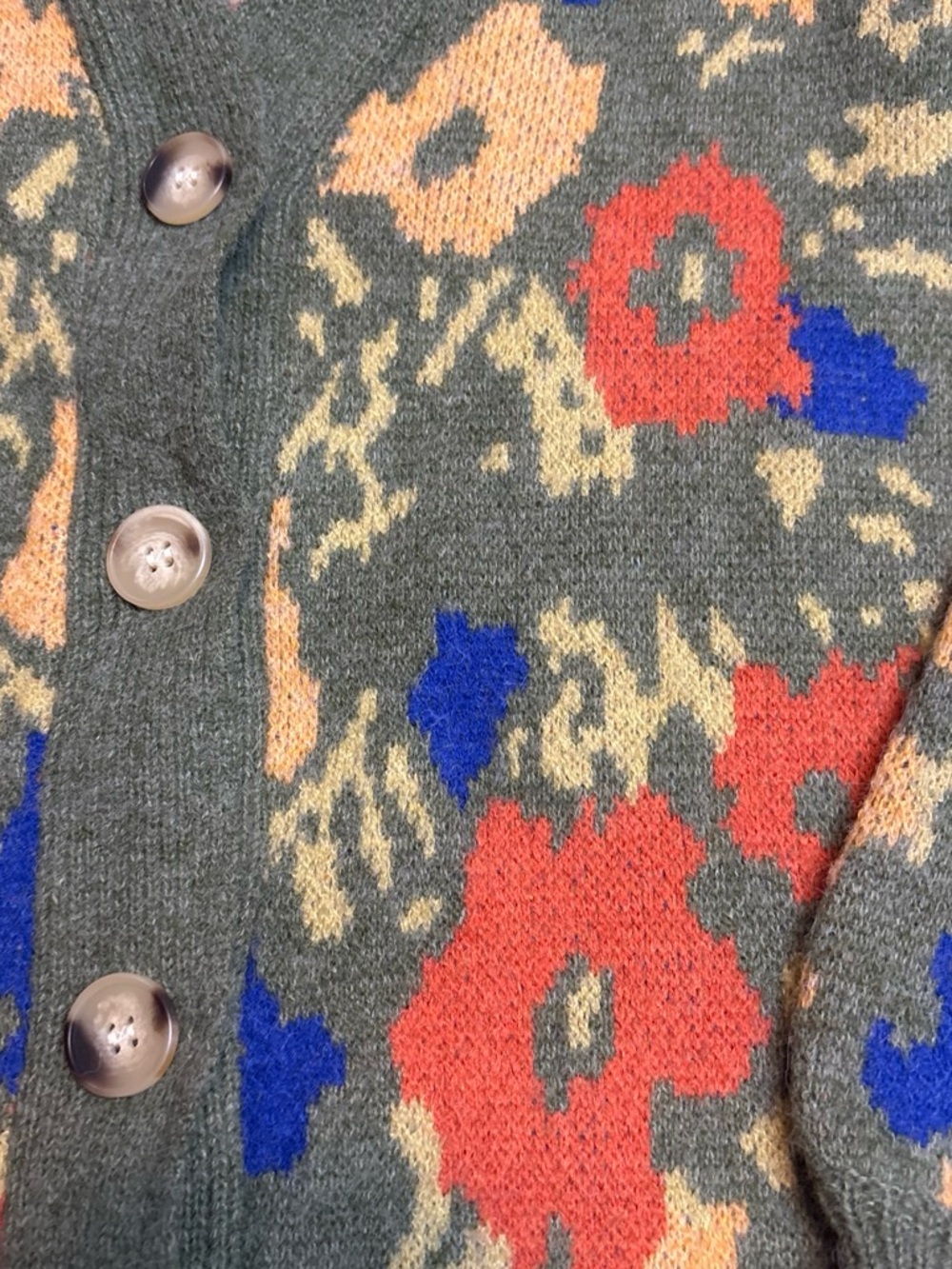 Flying Tomato Olive Green Abstract Floral Knit V-Neck Cardigan Sweater Medium - Picture 3 of 4